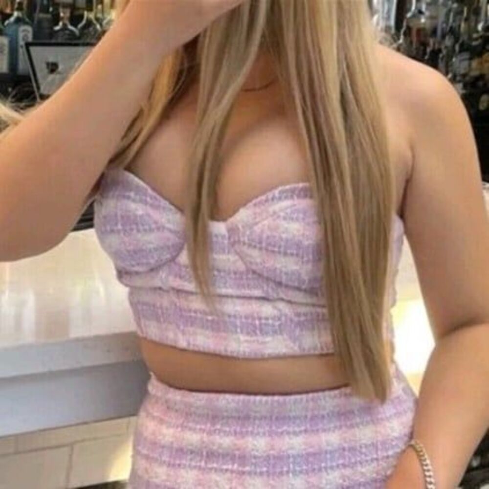 ZARA tweed plaid bustier corset top pink & purple